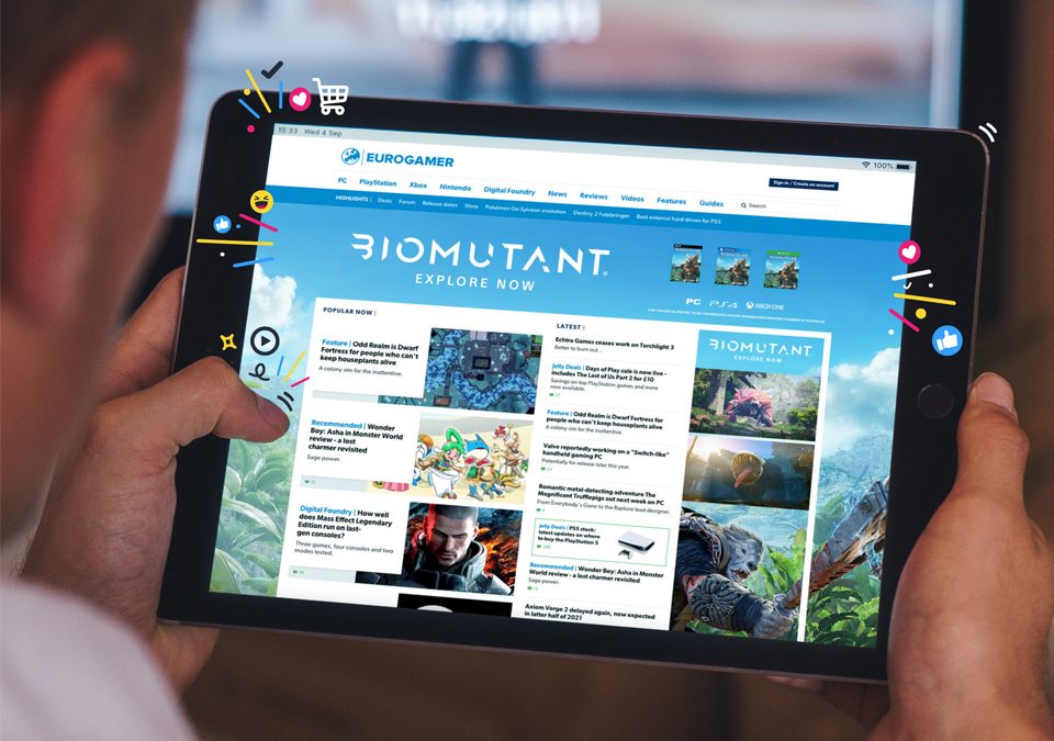 An example of display advertising on Eurogamer.net, with ads for the game Biomutant that take up several prominent slots on the page