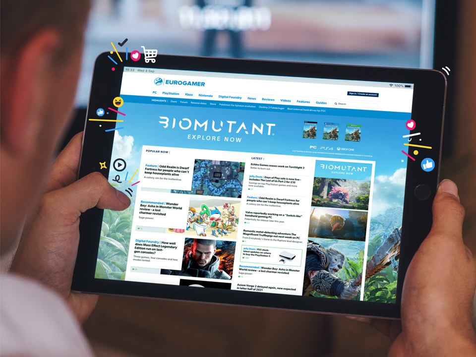 An example of display advertising on Eurogamer.net, with ads for the game Biomutant that take up several prominent slots on the page