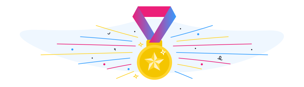 A bright yellow medal with a blue and pink ribbon