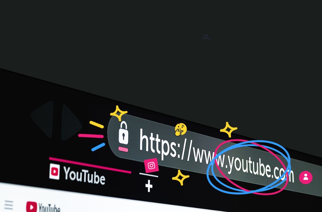 A browser address bar with the YouTube URL in it, with the word YouTube circled