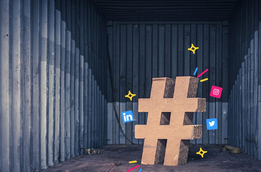 A large cardboard hashtag, surrounded by icons representing Twitter, LinkedIn and Instagram