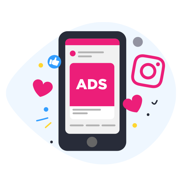 Instagram adverts, represented by a phone with a large, stylised Instagram post that says ADS on it | The Digital Advert Agency