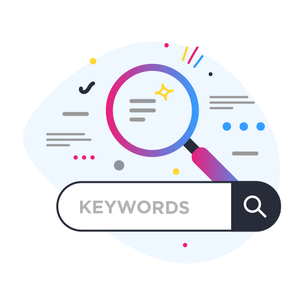 Keyword strategy services provided by The Digital Advert Agency, represented by a large stylised magnifying glass over a search bar